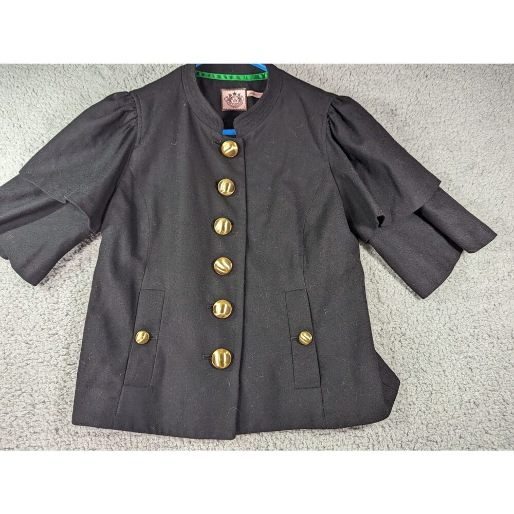Juicy Couture Jacket Womens Size 2 Black Ruffle Sleeve Gold Button
